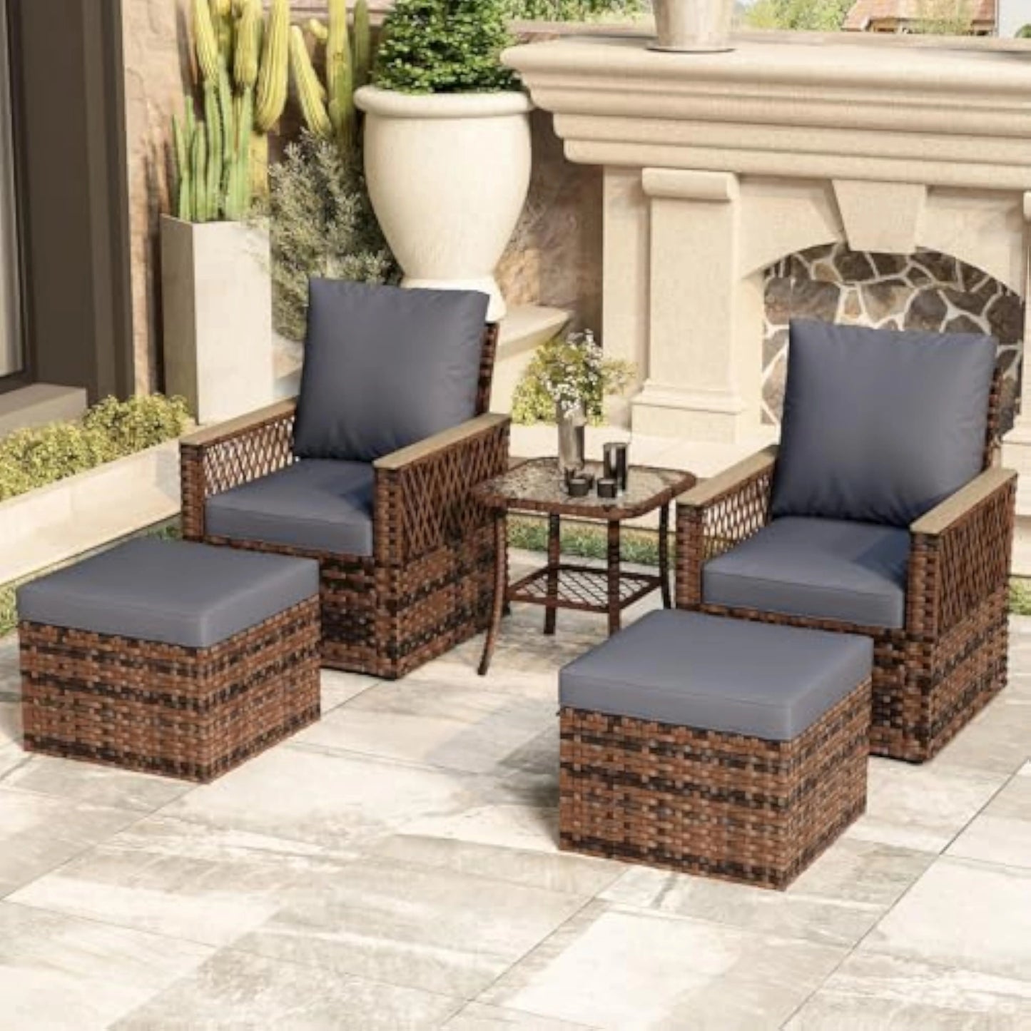 5 Pieces Patio Furniture Set, Outdoor Swivel Glide Chair with Ottomans and Side Table with Water-Resistant Cushions & High Back