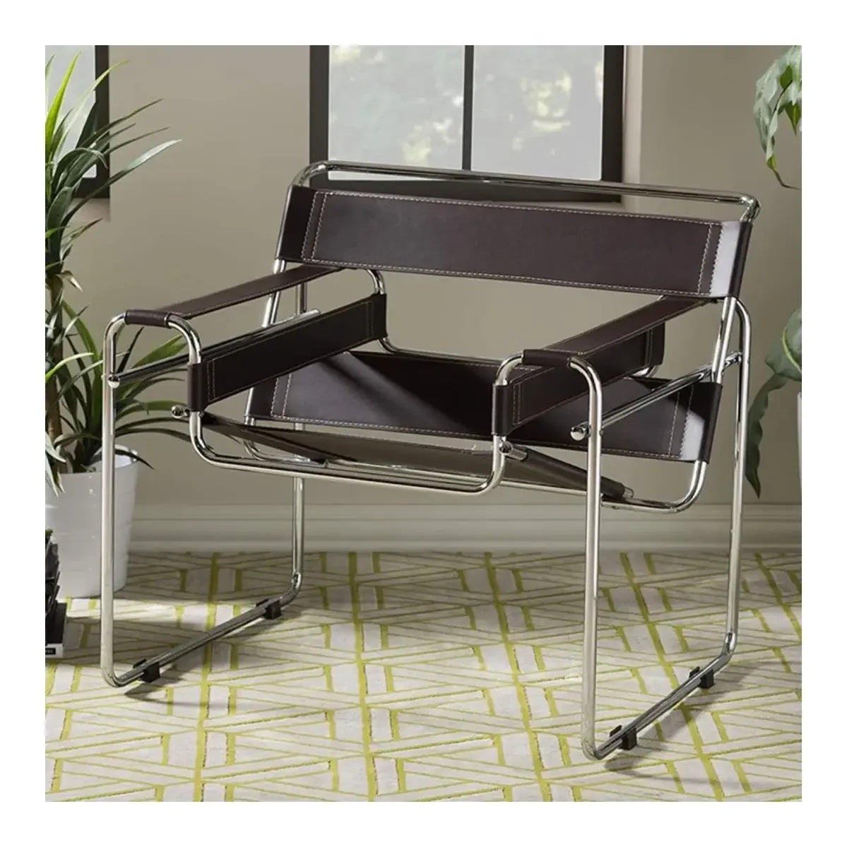 Vassili Genuine Leather Lounge Chair Bauhaus Style MidCentury Modern OnePiece with Stainless Tube Frame Premium office Furniture