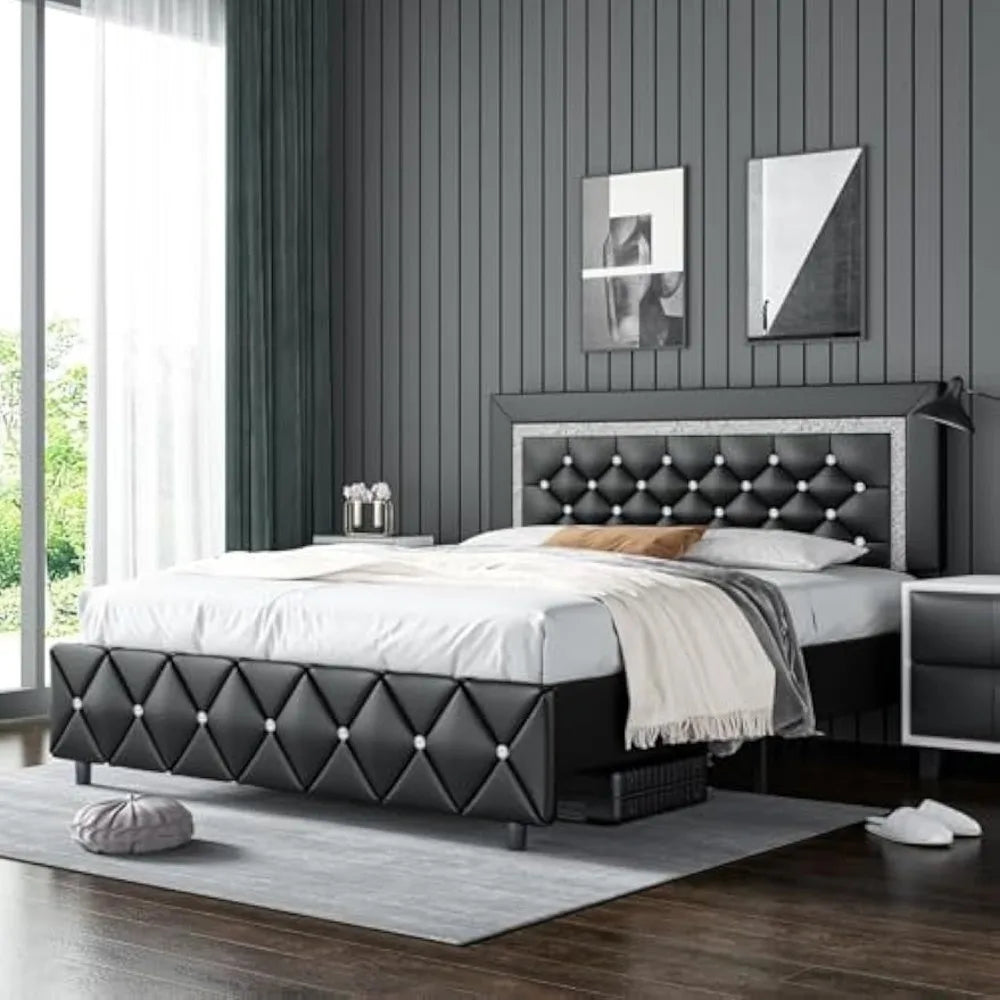 Platform Bed Frame with Upholstered Diamond Headboard, Mattress Foundation with Strong Wooden Slats Support, No Box