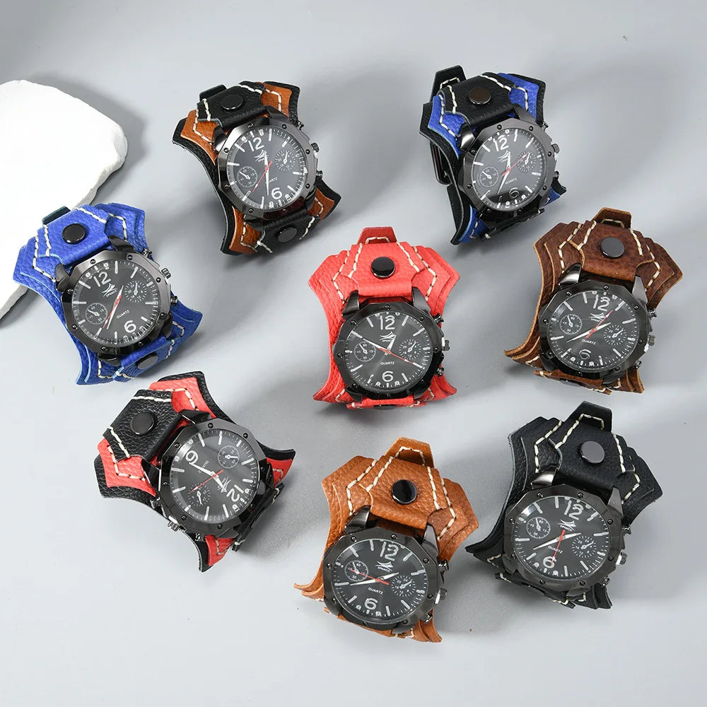 Punk Vintage Men's Multi Layer Hand Stitched Cowhide Leather Strap Large Dial Watch
