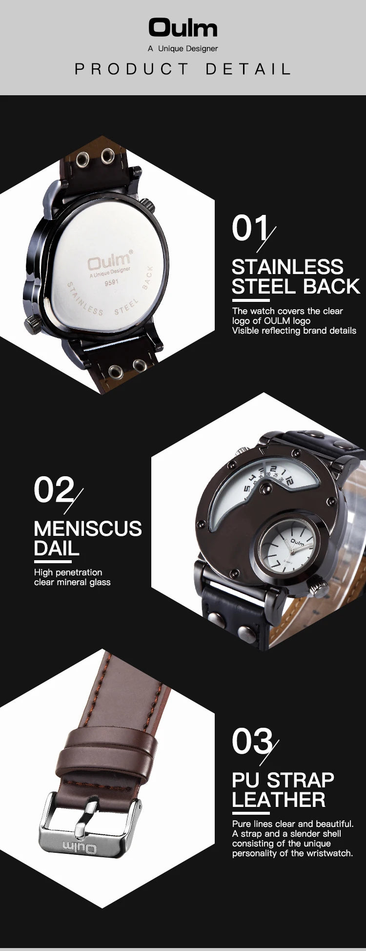 Oulm Designer Brand Luxury Watches For Men Dual Time Quartz Watch Casual Man Leather Watch Sport Male Clock Relogio Masculino