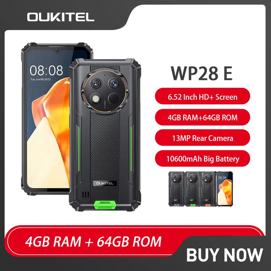 Oukitel WP28 E 4G Rugged Smartphone Android14 10600mAh Battery 4GB+64GB Mobile Phone 6.52 Inch HD+ 13MP Camera 18W Cellphone