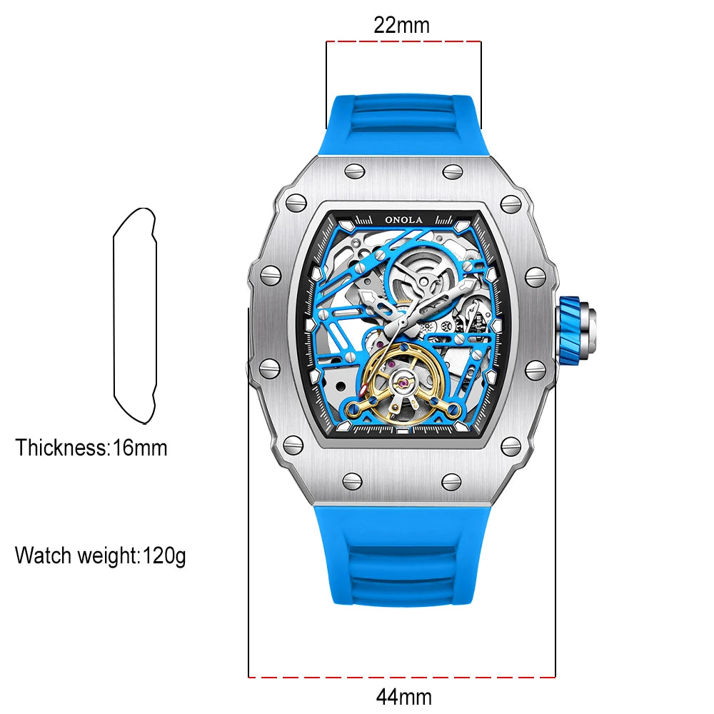 ONOLA 3854 Luxury Automatic Mechanical Silicone Watch Tourbillon Hollow Skeleton Men's Watches reloj automático de hombre
