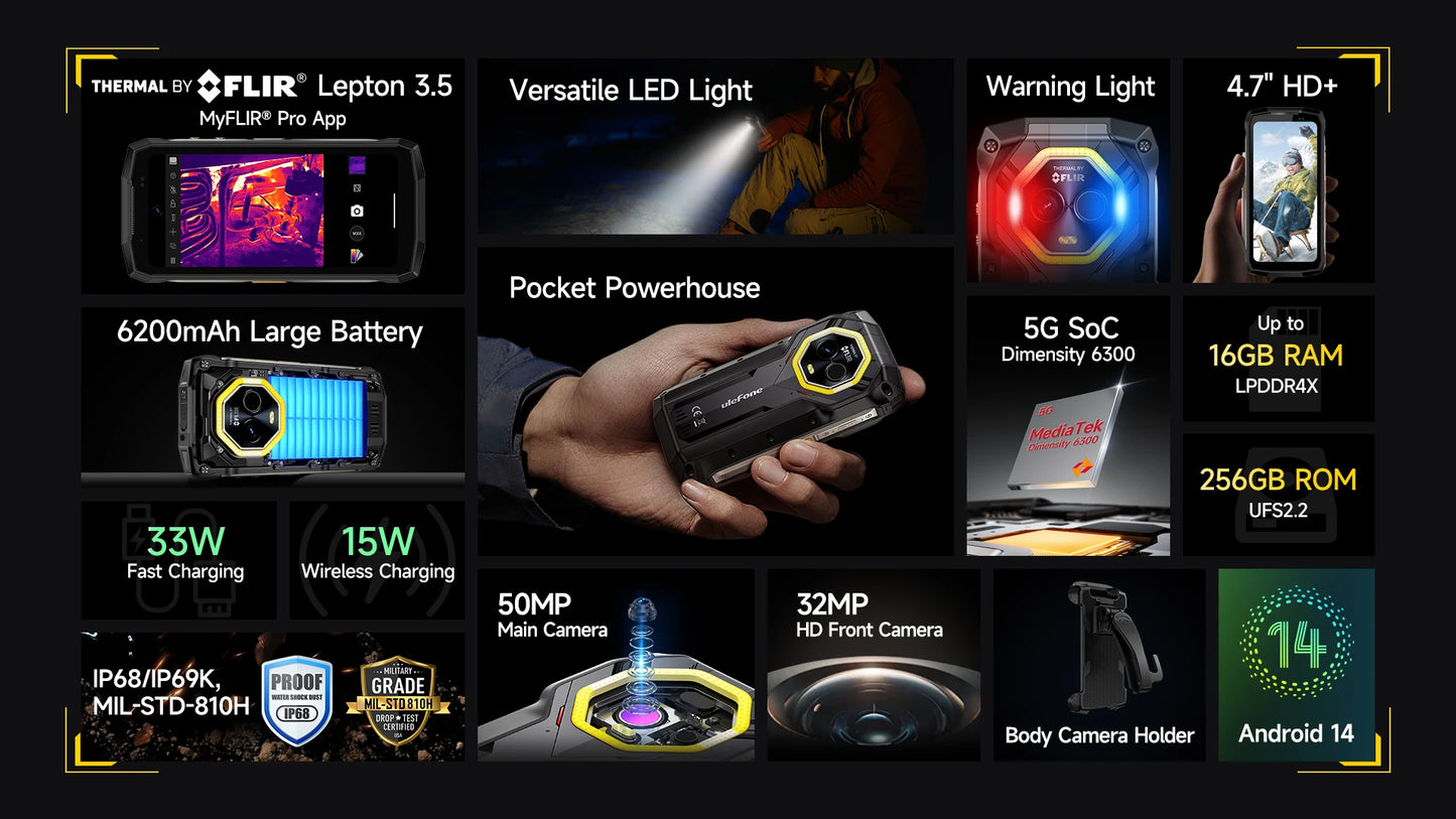 【World Premiere】Ulefone Armor Mini 20T Pro 5G 4.7" Display Rugged Phone LED Light Android 14 Smartphone 6200mAh 16GB+256GB 33W