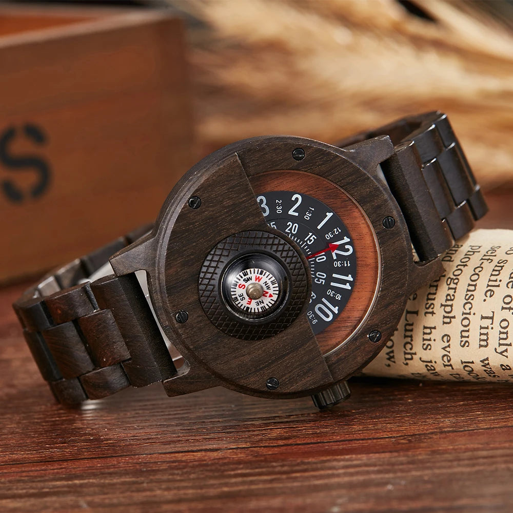 Fashion Wood Watch Men Turntable Compass Man Watch Vintage Wooden Watches Men's Male Wristwatch Clock Luxury relógio masculino