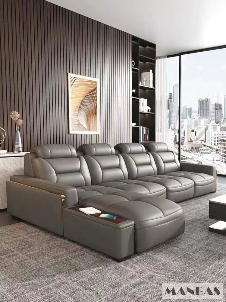 Linlamlim Modern Genuine Leather Sectional Sofa Set with Chaise Lounge– Upholstered Modular Couch with USB and Bluetooth Speaker