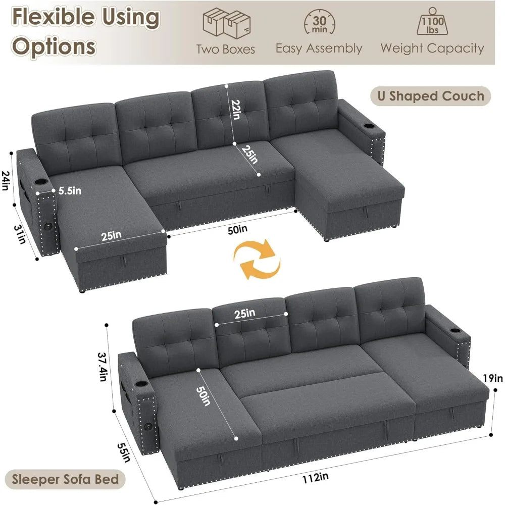 112" Sectional Pull Out Couches for Living Room with LED Lights & USB Port- Sleeper Sofa Couch w/Storage Chaise & Storage Armre
