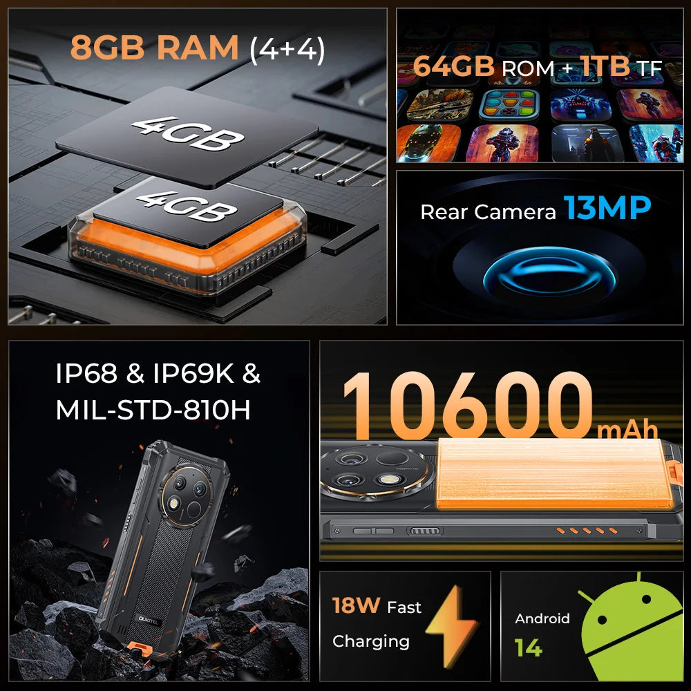 Oukitel WP28 E 4G Rugged Smartphone Android14 10600mAh Battery 4GB+64GB Mobile Phone 6.52 Inch HD+ 13MP Camera 18W Cellphone