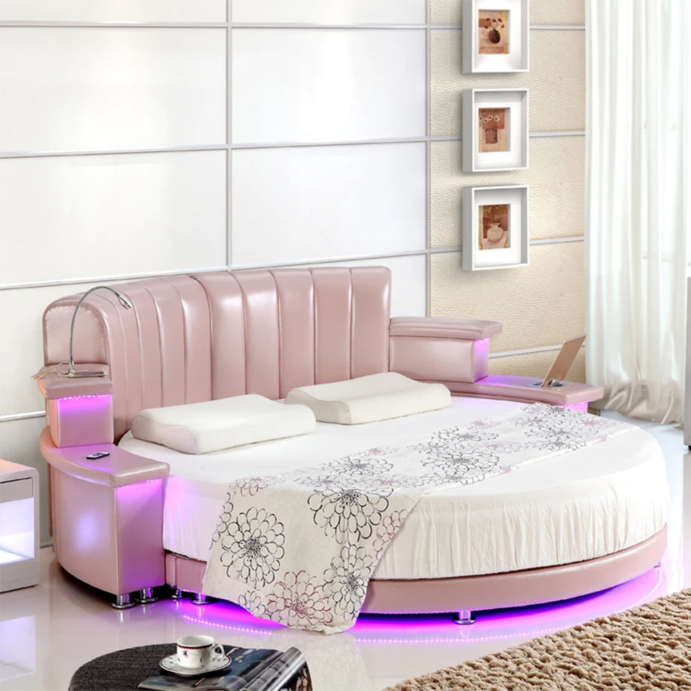 MINGDIBAO Nordic Genuine Leather multifunctional round Bed Frame with LED Light Bluetooth Speaker iPhone Charge USB Ultimate Bed