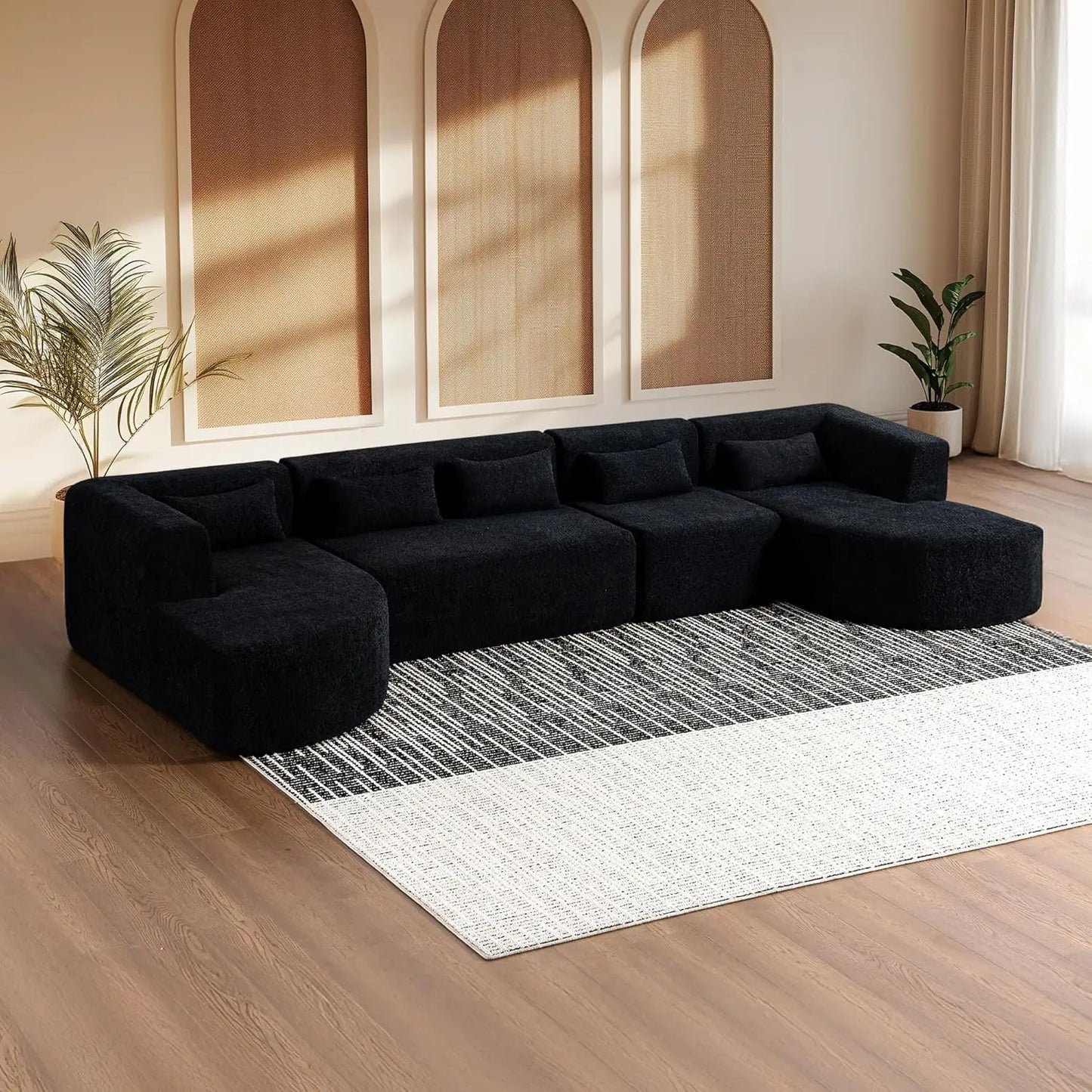 144" Upholstered Sofa, Deep Seat Modern Modular Sofa with 2 Movable Chaise Lounge & 5 Pillows, Free-Combined Couch for Living Ro