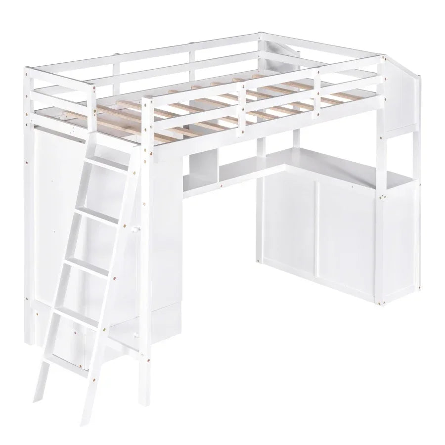 Cama tipo Loft para niños, mueble de tamaño doble con 1 armario y 7 cajones, escritorio adjunto con estantes, versátil,