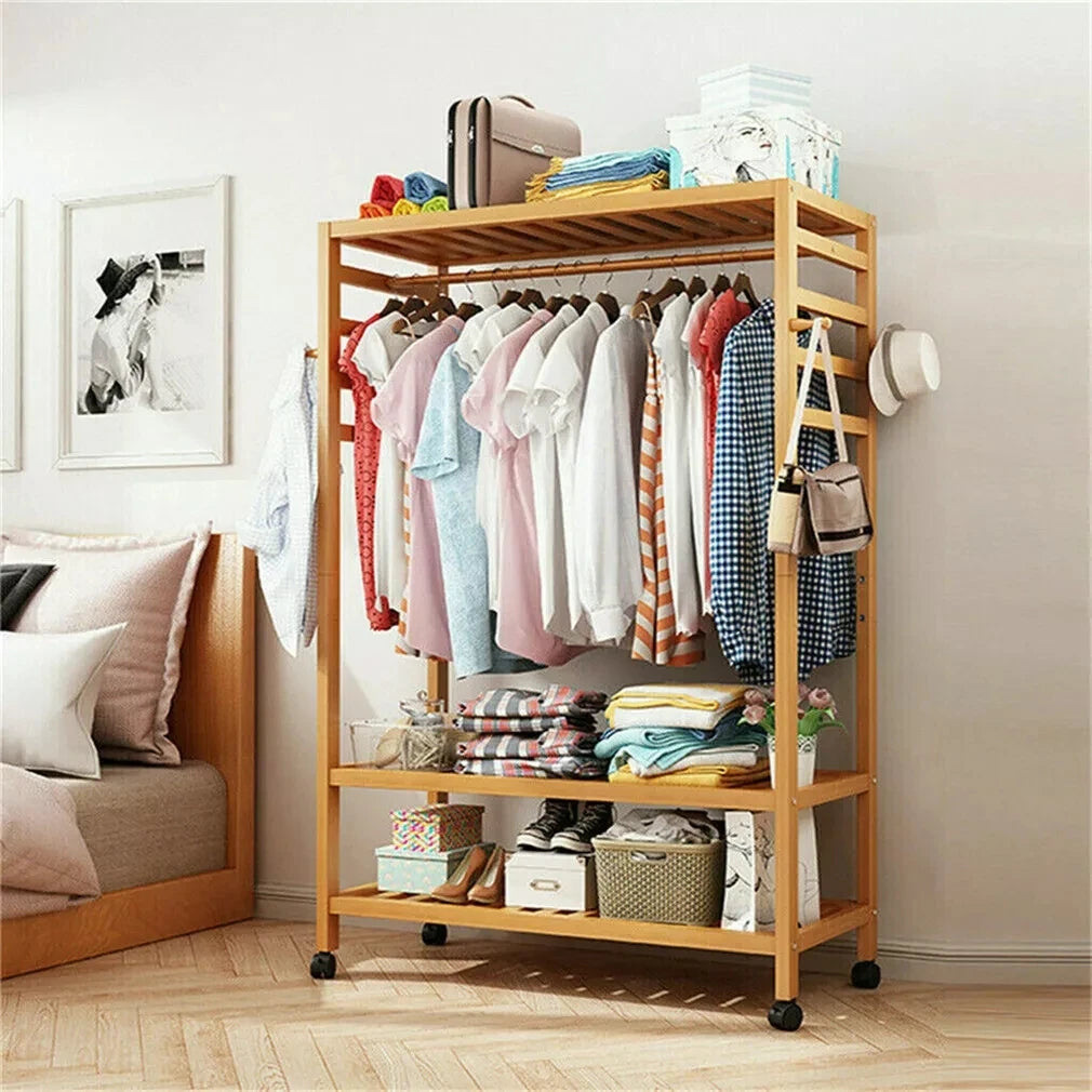 Bamboo Garment Rack with Wheels, Clothing Rack for Hanging Clothes with Hooks, Multi-functional Bedroom Clothes Rack
