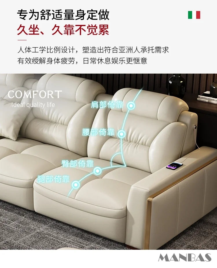 Linlamlim Modern Genuine Leather Sectional Sofa Set with Chaise Lounge– Upholstered Modular Couch with USB and Bluetooth Speaker