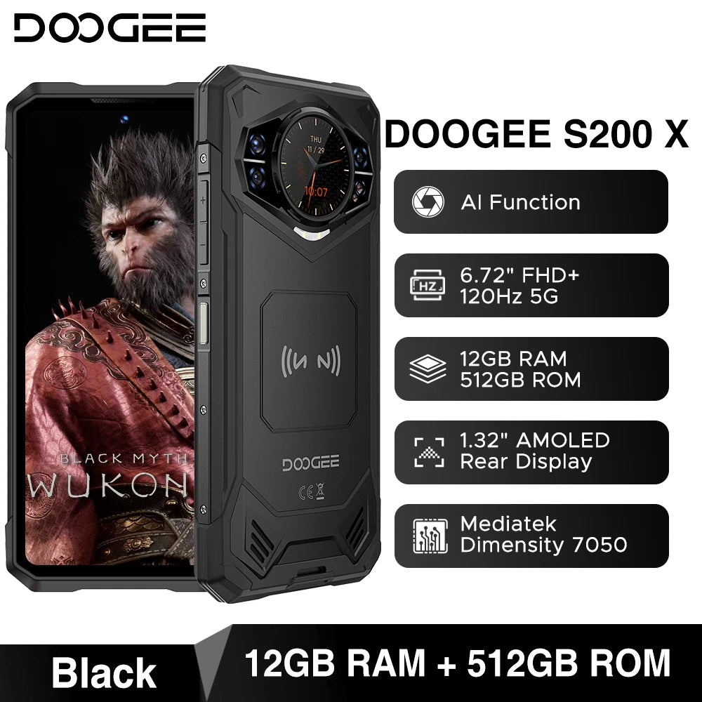 Global Version DOOGEE S200 X 5G Rugged Phone 32GB 512GB 6.72" FHD+ 120Hz Display MTK Dimensity 7050 10100mAh Large battery