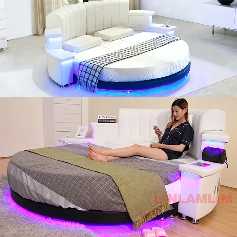 MINGDIBAO Nordic Genuine Leather multifunctional round Bed Frame with LED Light Bluetooth Speaker iPhone Charge USB Ultimate Bed