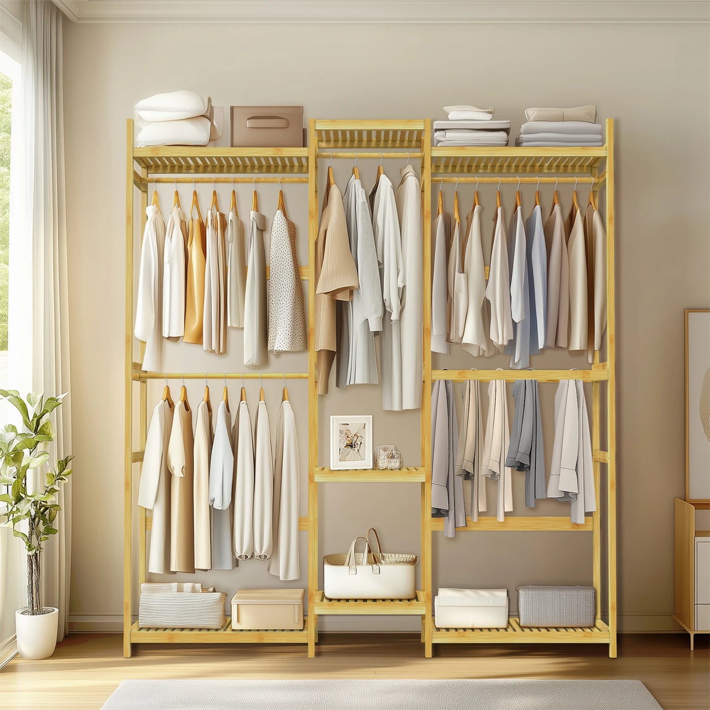 196cm Tall Bamboo Garment Rack Freestanding Clothing Stand Hanging Rod with Shelves Open Wardrobe Organizer for Bedroom Closet