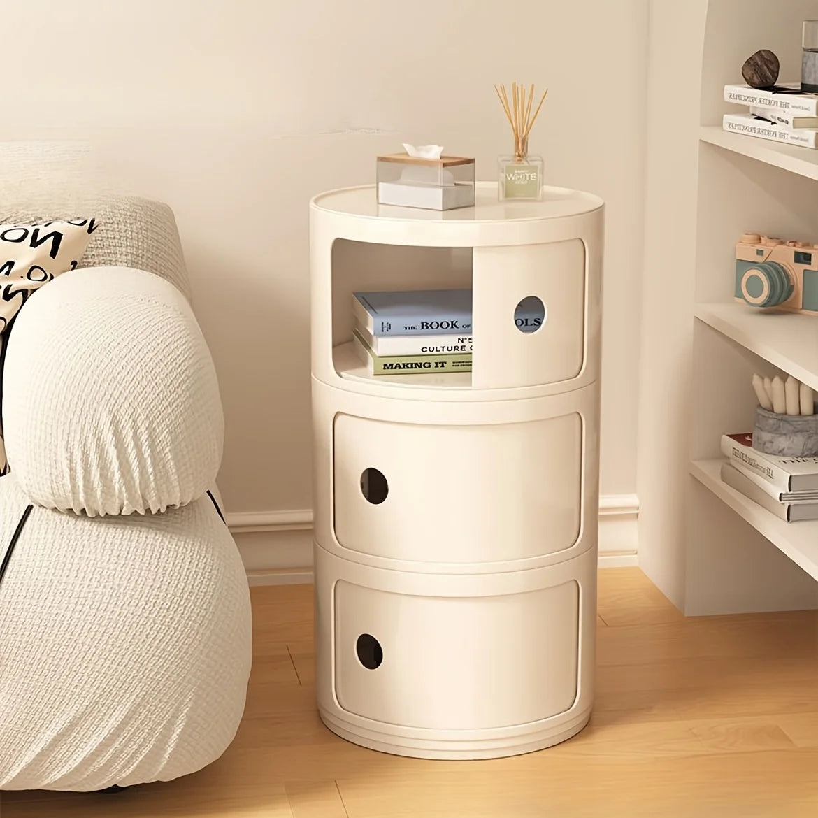 Round Cabinet with Sliding Doors - Multi-Tiered Round Storage Unit for Living Room Bedroom