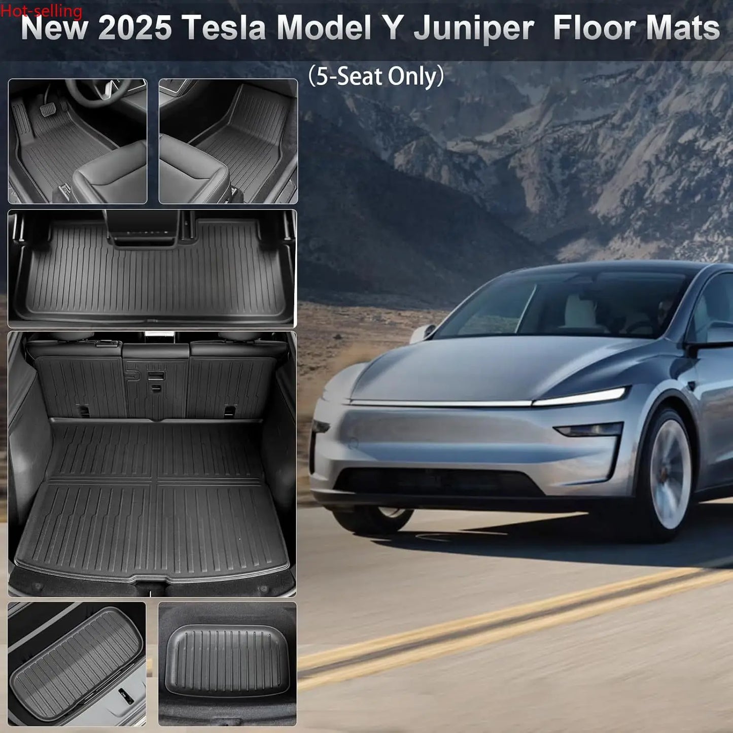 Floor Mats for Tesla Model Y Juniper 2025 2026 5-Seat, All Weather Non-Slip Front Rear Cargo Liner Second Row Seat Back Mats