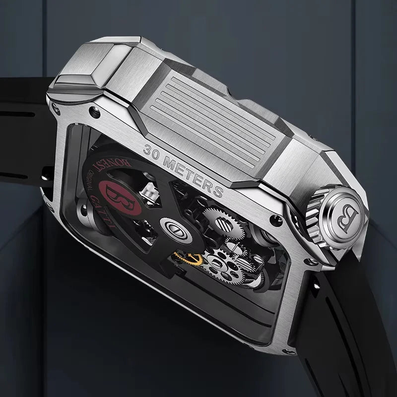 BONEST GATTI Men Automatic Watch 42mm Square Men Mechanical Wristwatch Sapphire Luminous Skeleton Dial Fluororubber Strap 2025