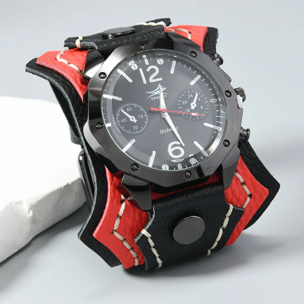 Punk Vintage Men's Multi Layer Hand Stitched Cowhide Leather Strap Large Dial Watch