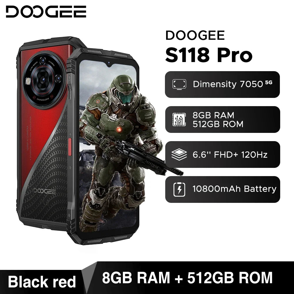Global Version DOOGEE S118 Pro Rugged Phone 8GB 512GB 108MP AI Main Camera 6.6'' FHD 120Hz 10800mAh Battery Android 14 NFC