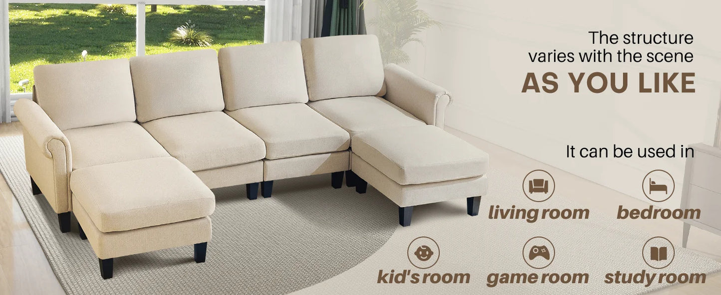 Redlife 108" Sectional Sofa w/ Chaise Living Room Sofa Convertible 4 Seat L-Shape Sofa Set Fabric Sectional Couch w/ Two Ottoman