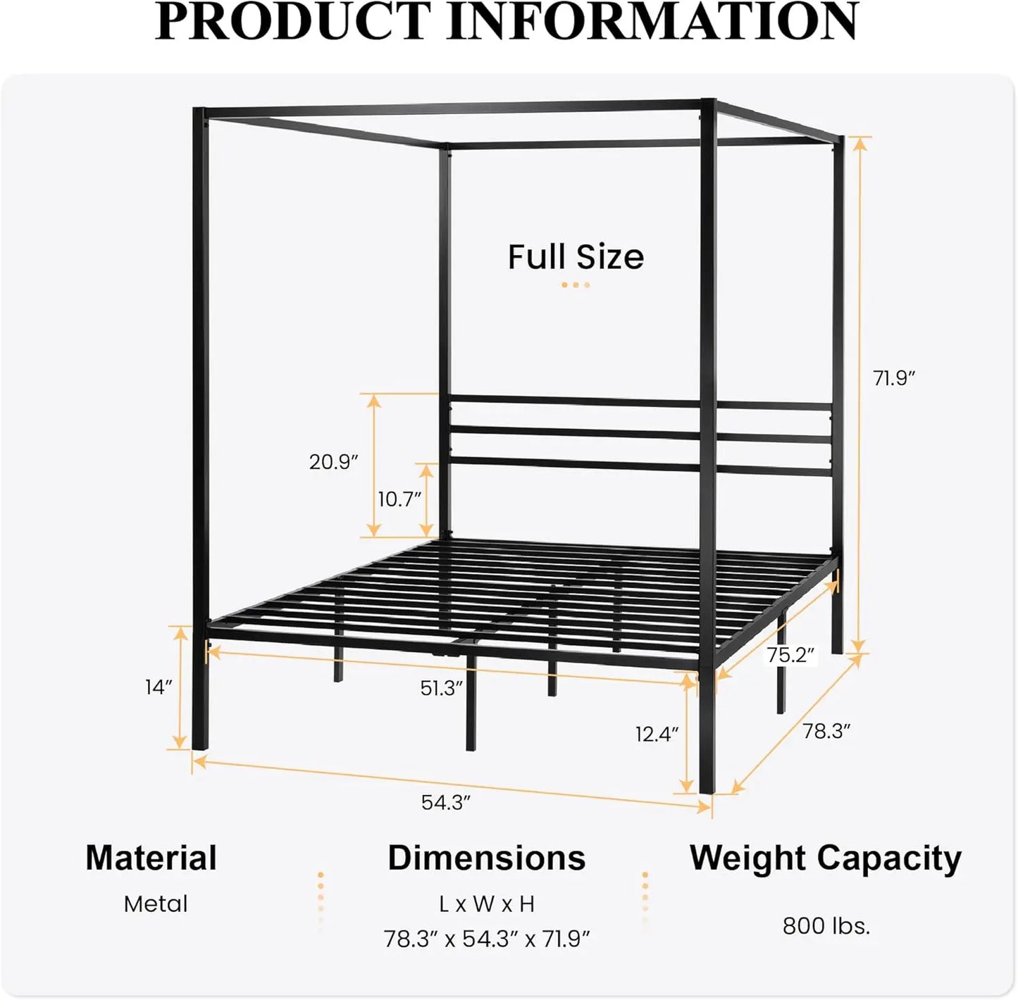 Canopy Bed Frame Full Size/Mattress Foundation with Metal Slats Support/No Box Spring Needed/Easy Assembly/Black