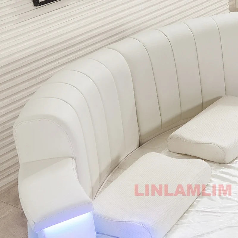 MINGDIBAO Nordic Genuine Leather multifunctional round Bed Frame with LED Light Bluetooth Speaker iPhone Charge USB Ultimate Bed