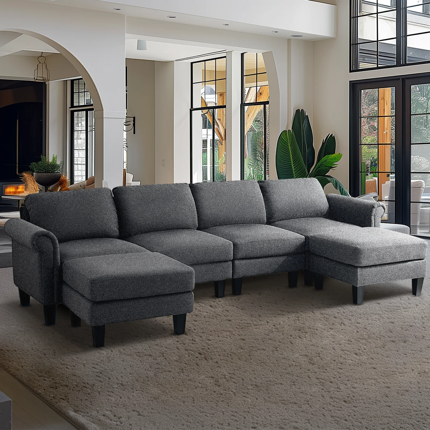 Redlife 108" Sectional Sofa w/ Chaise Living Room Sofa Convertible 4 Seat L-Shape Sofa Set Fabric Sectional Couch w/ Two Ottoman