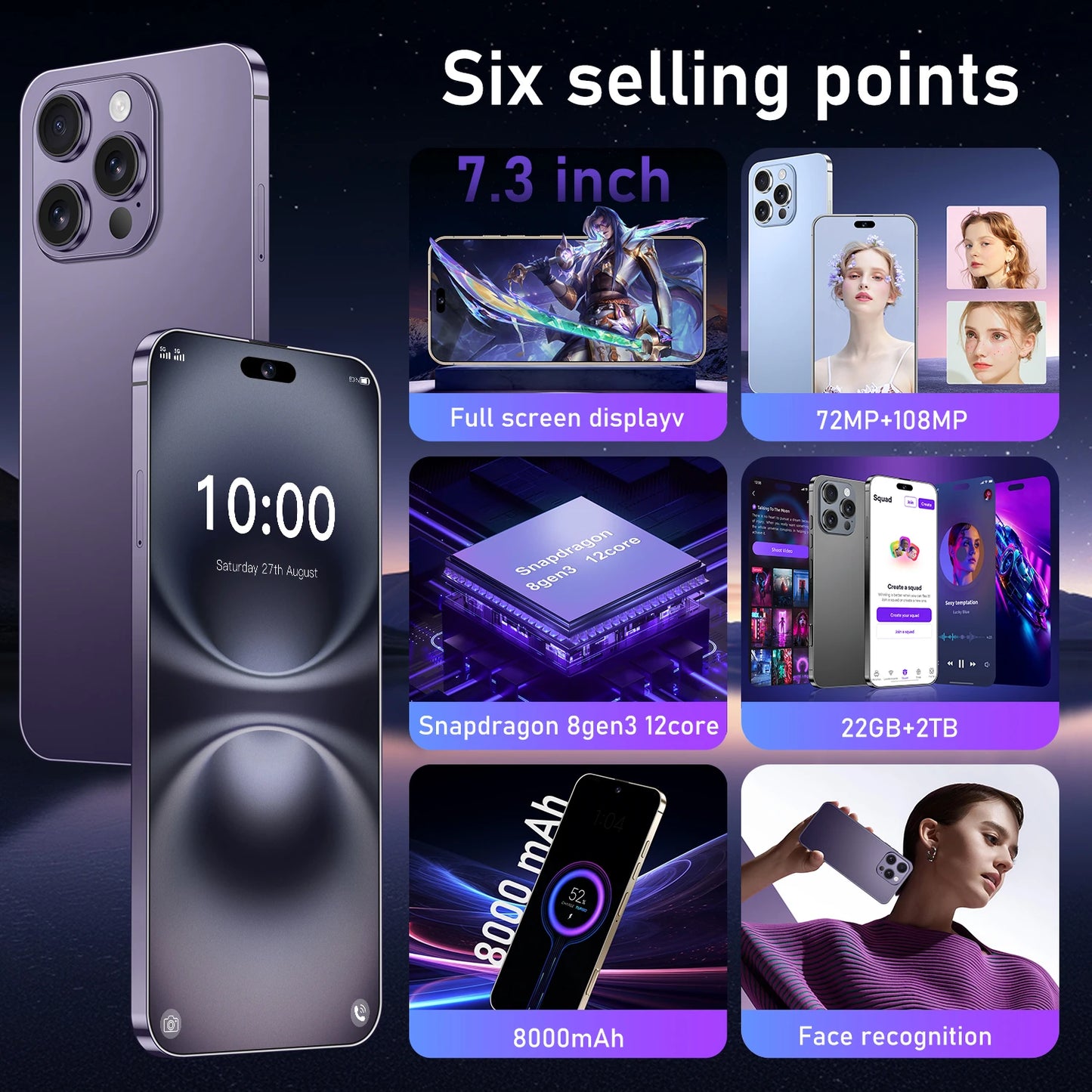 New i16 Pro Max original intelligent 5G dual card dual standby Android 14 system global version phones 8000mAh battery