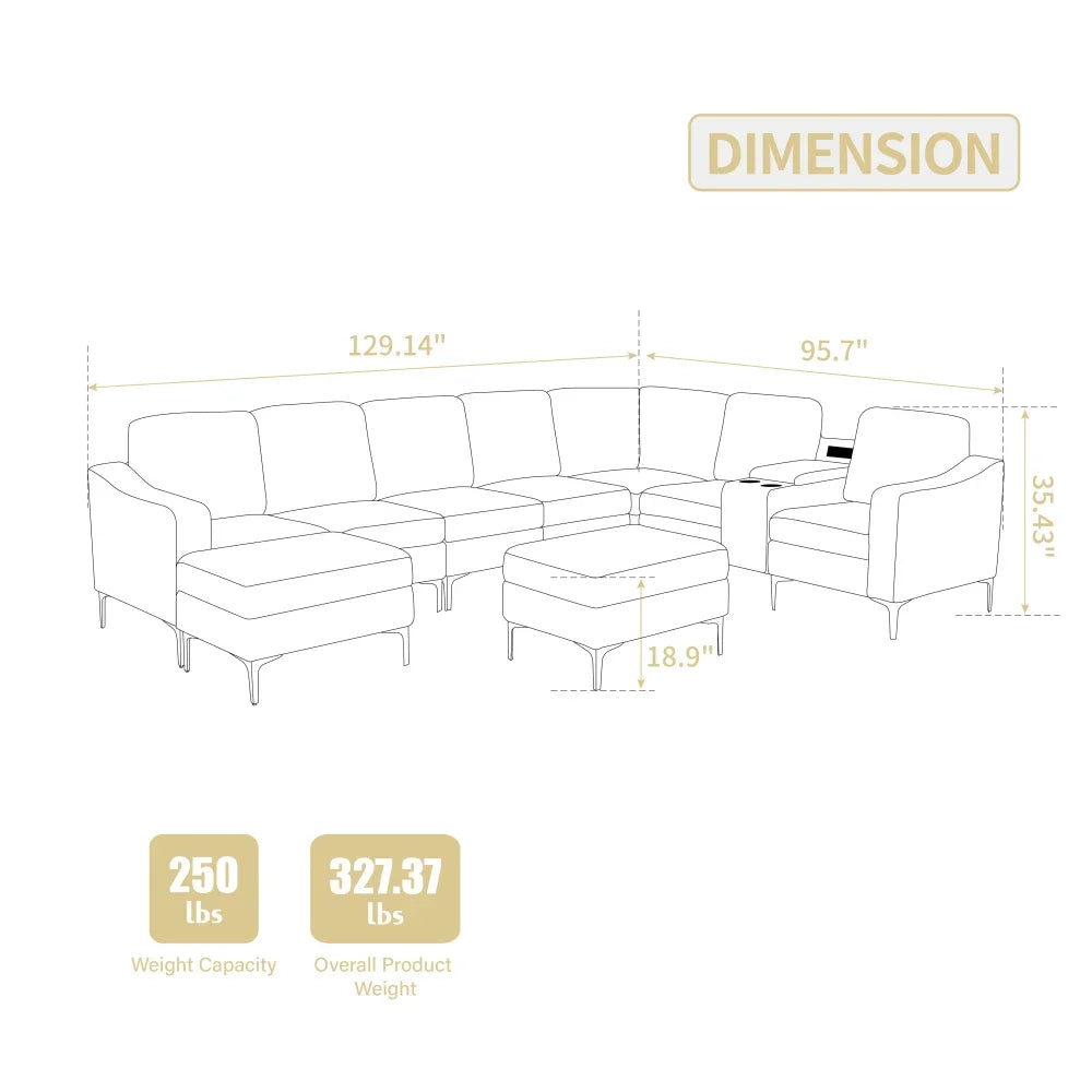 MLG Modular Corduroy Sectional Sofa with Versatile Ottoman,USB Charging, Cupholders for Apartments,Gold Metal Framed Wall Art