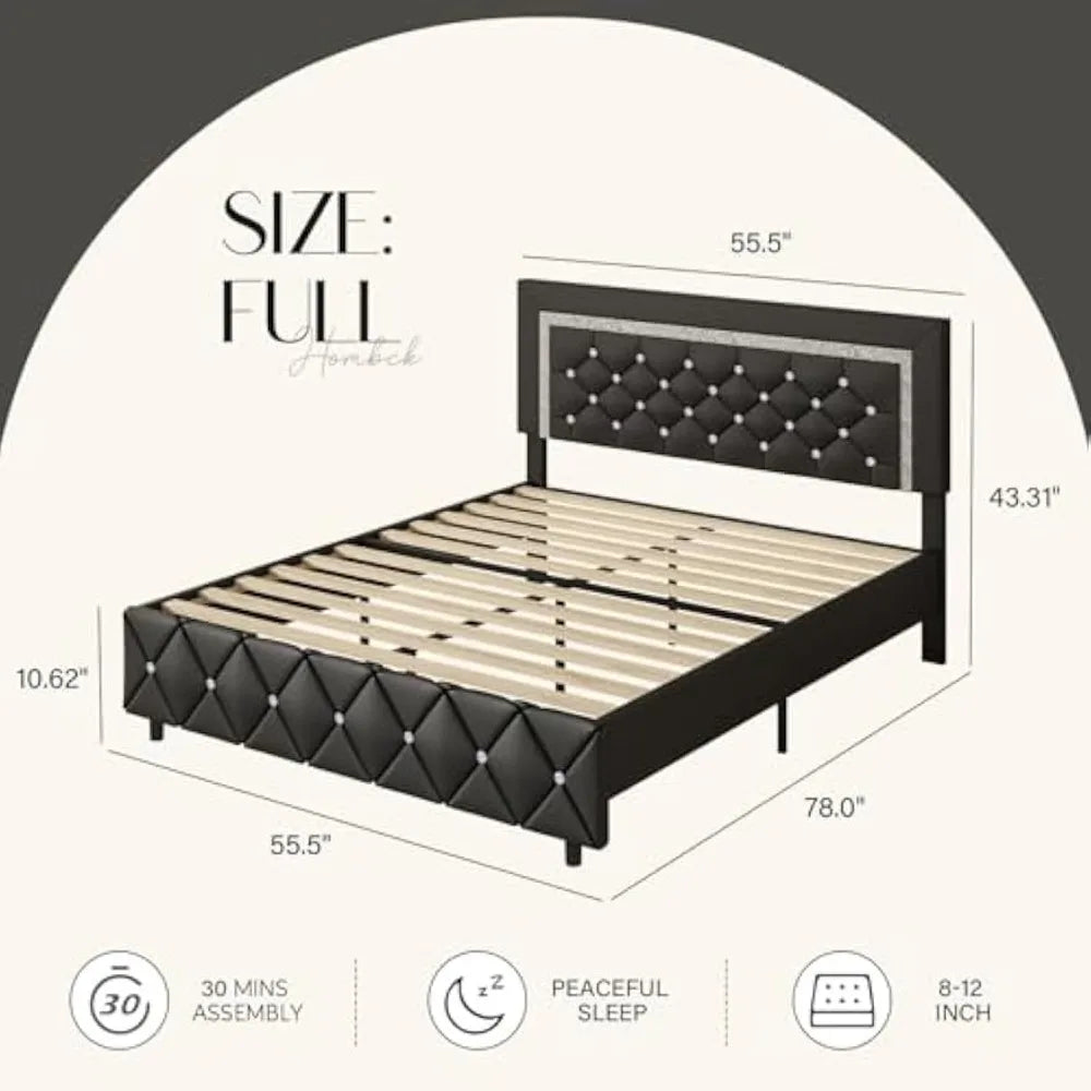 Platform Bed Frame with Upholstered Diamond Headboard, Mattress Foundation with Strong Wooden Slats Support, No Box