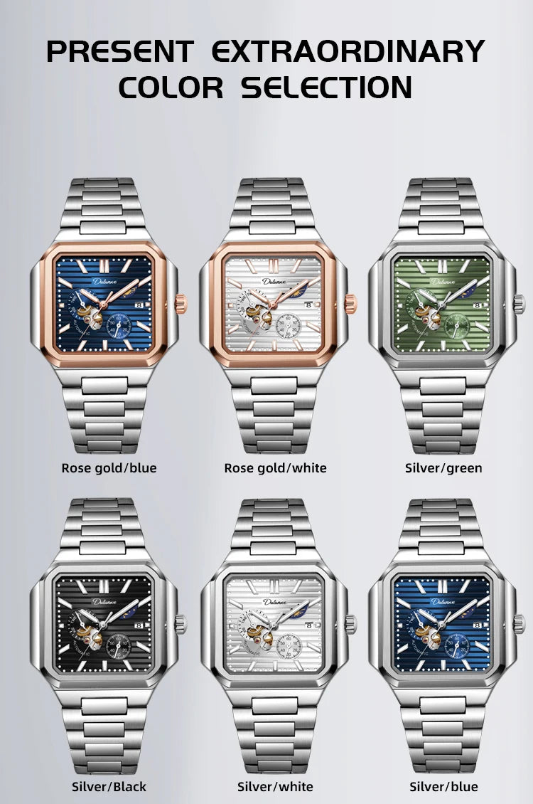 Dulunwe Fashion Men's Watch Automatic Mechanical Multi-function Small Dial Square Design 30M Waterproof Top Brand Wristwatches
