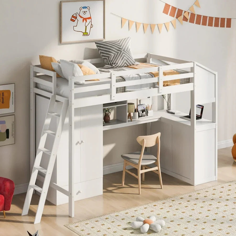 Cama tipo Loft para niños, mueble de tamaño doble con 1 armario y 7 cajones, escritorio adjunto con estantes, versátil,