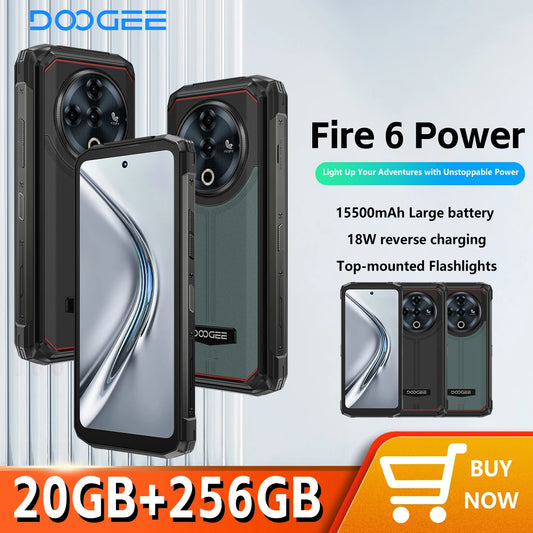 DOOGEE Fire 6 Power Rugged Smartphone 6.56" IPS Screen 15500mAh Battery Unisoc T606 8GB+256GB 50MP Camera Android 14 NFC