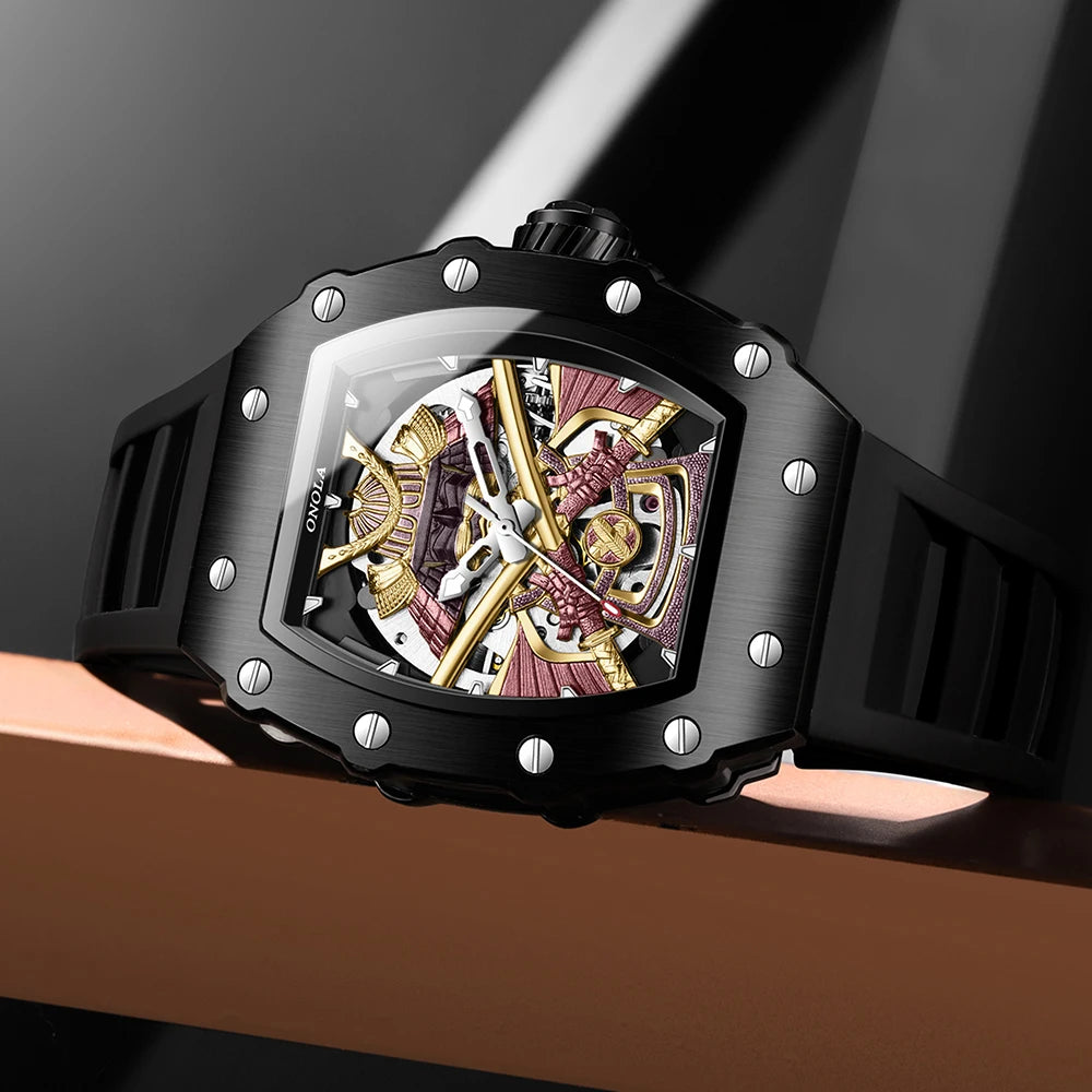 ONOLA 3865 Automatic Mechanical Tonneau Watch For Men Luxury Cool Watch Large Dial Silicone Men Watch reloj automático hombre