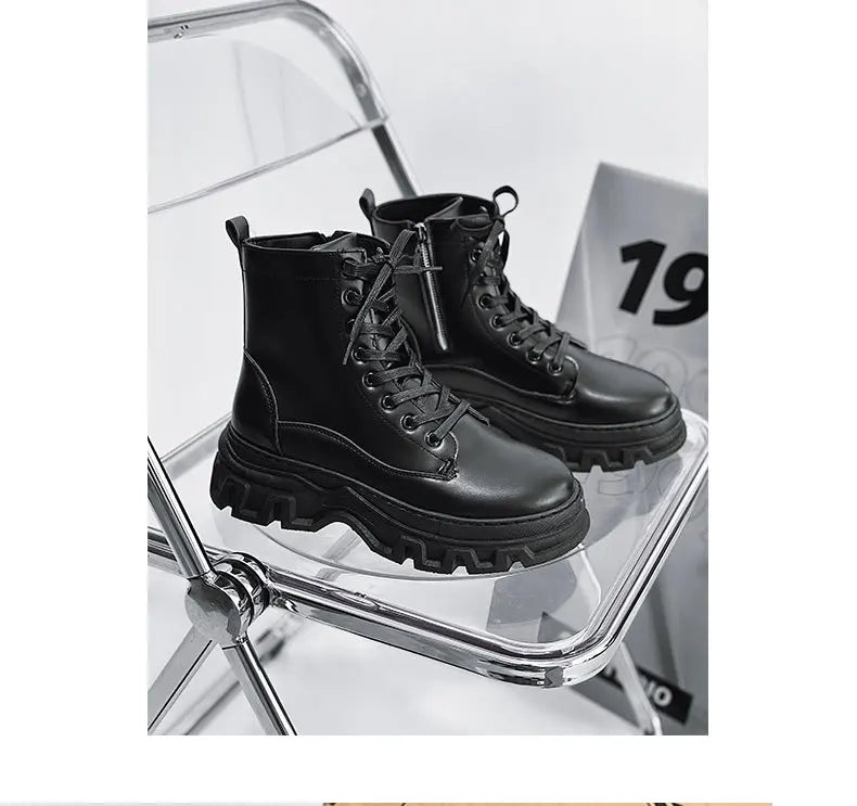 Leather England Black Men's Biker Boot Fashion Young Waterproof Trendy Boots Man Autumn Winter High Top Classic Basic Shoes