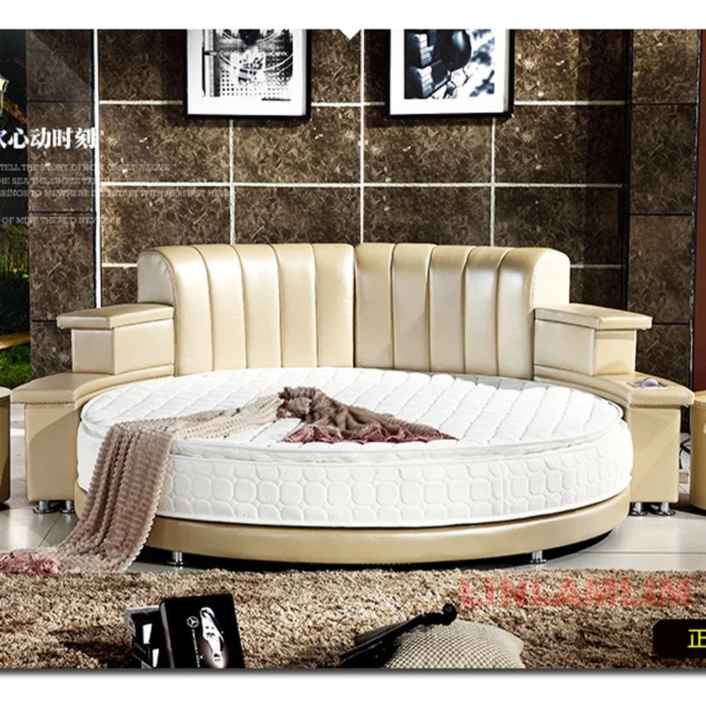 MINGDIBAO Nordic Genuine Leather multifunctional round Bed Frame with LED Light Bluetooth Speaker iPhone Charge USB Ultimate Bed