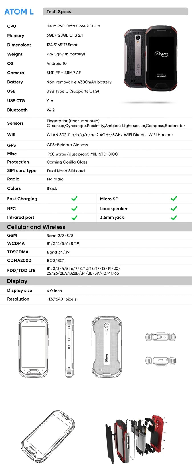 Unihertz Atom L 6GB+128GB, Rugged Unlocked Smartphone Android 11 Fast Charging 48 MP Camera 4300mAh Fingerprint Dual Sim NFC