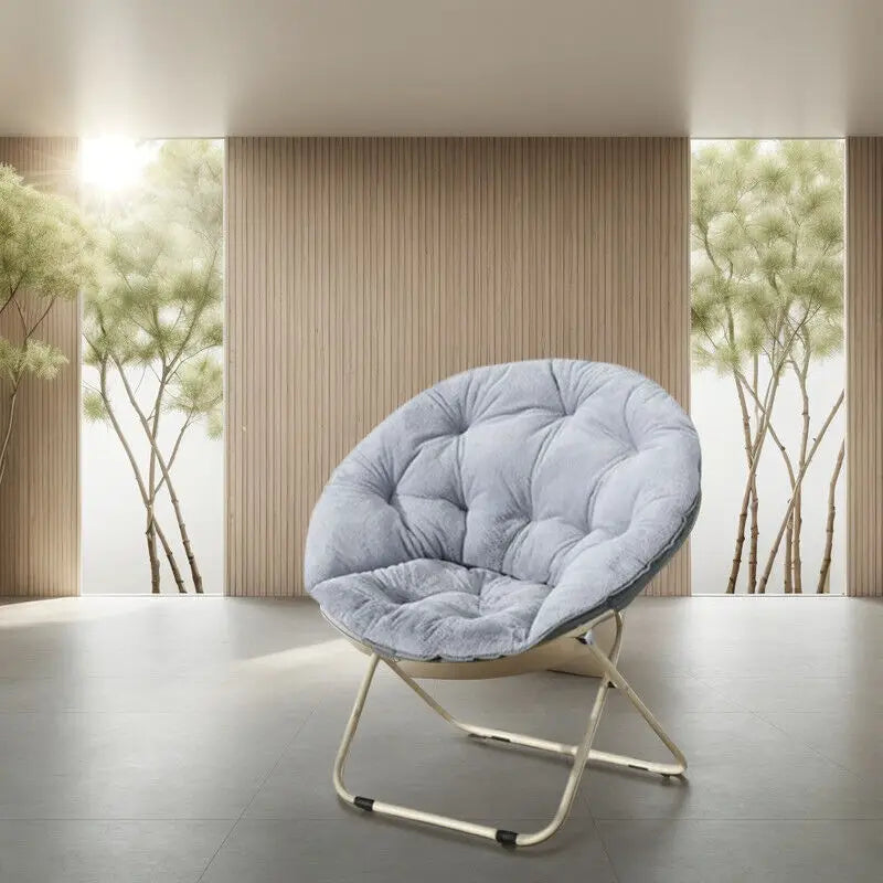 Comfortable Faux Fur Saucer Chair Round Folding Lounge Chair Living Room Flexible Seating for Adults Big Moon Shape Decorative