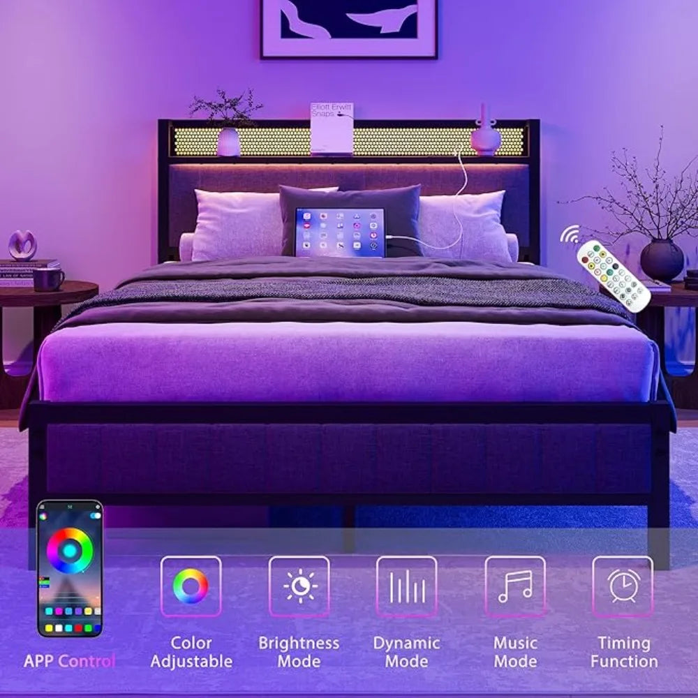 LED Bed Frame with Storage Headboard & Charging Station, No Box Spring Needed Heavy Duty Metal Upholstered Platform Bed Frame