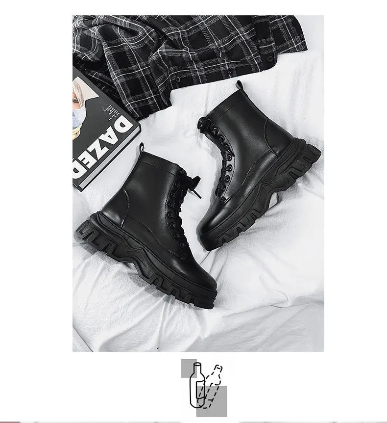 Leather England Black Men's Biker Boot Fashion Young Waterproof Trendy Boots Man Autumn Winter High Top Classic Basic Shoes