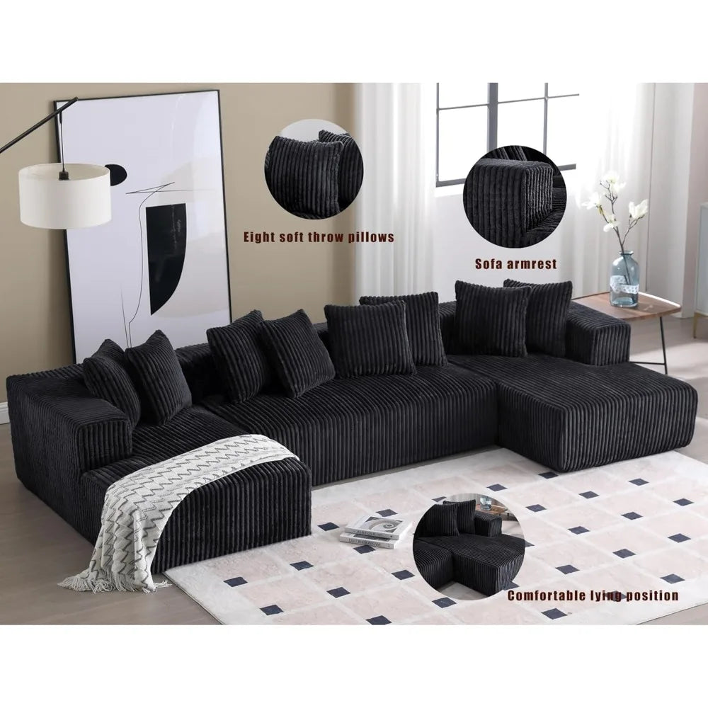131'' Modular Sectional Couch, Modern U-Shaped Floor Sofa with Double Chaise Lounge, Comfy Corduroy Fabric Couch, Upholstered Co