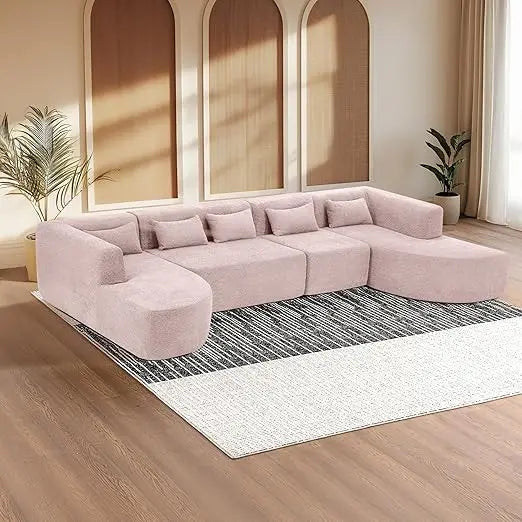 144" Upholstered Sofa, Deep Seat Modern Modular Sofa with 2 Movable Chaise Lounge & 5 Pillows, Free-Combined Couch for Living Ro