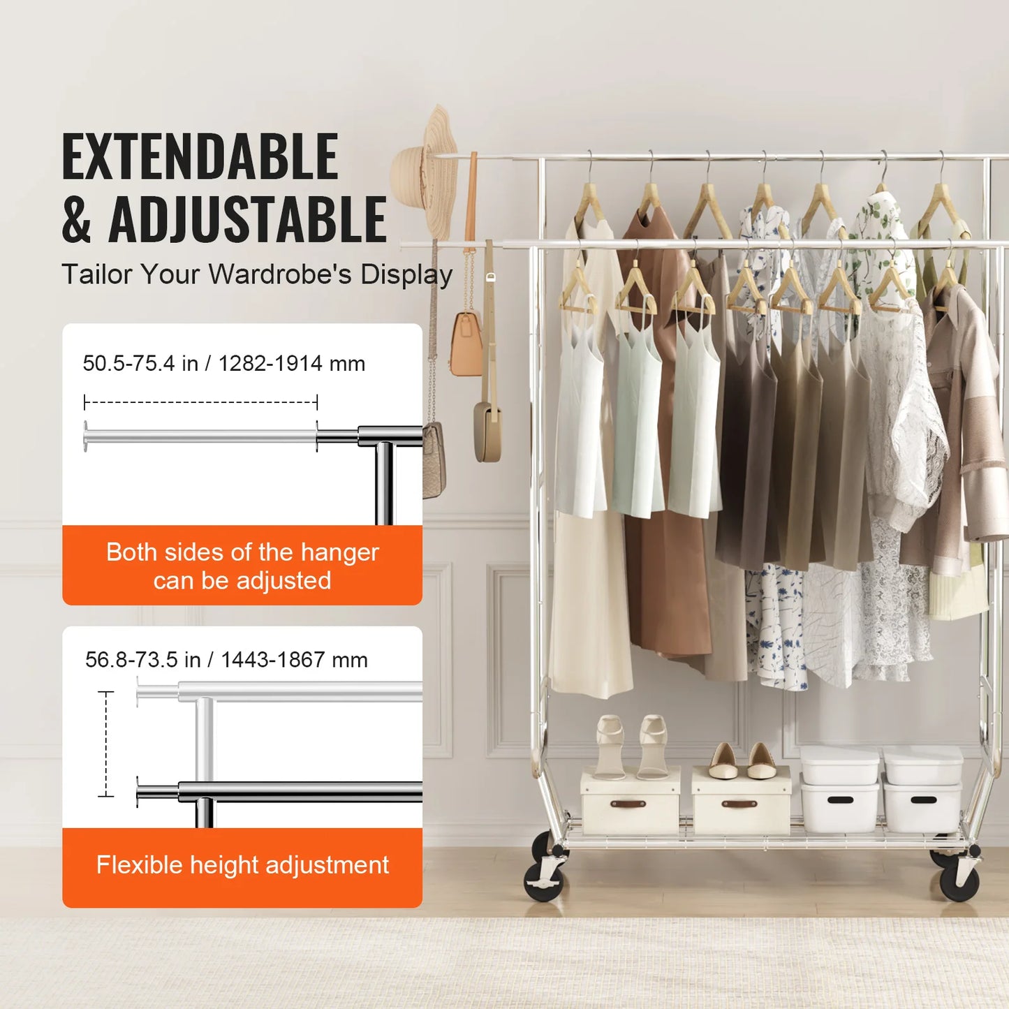 SucceBuy Clothing Garment Rack Heavy Duty Clothes Rack Adjustable Length Clothes Rack w/ Bottom Shelf & Wheels for Laundry Room