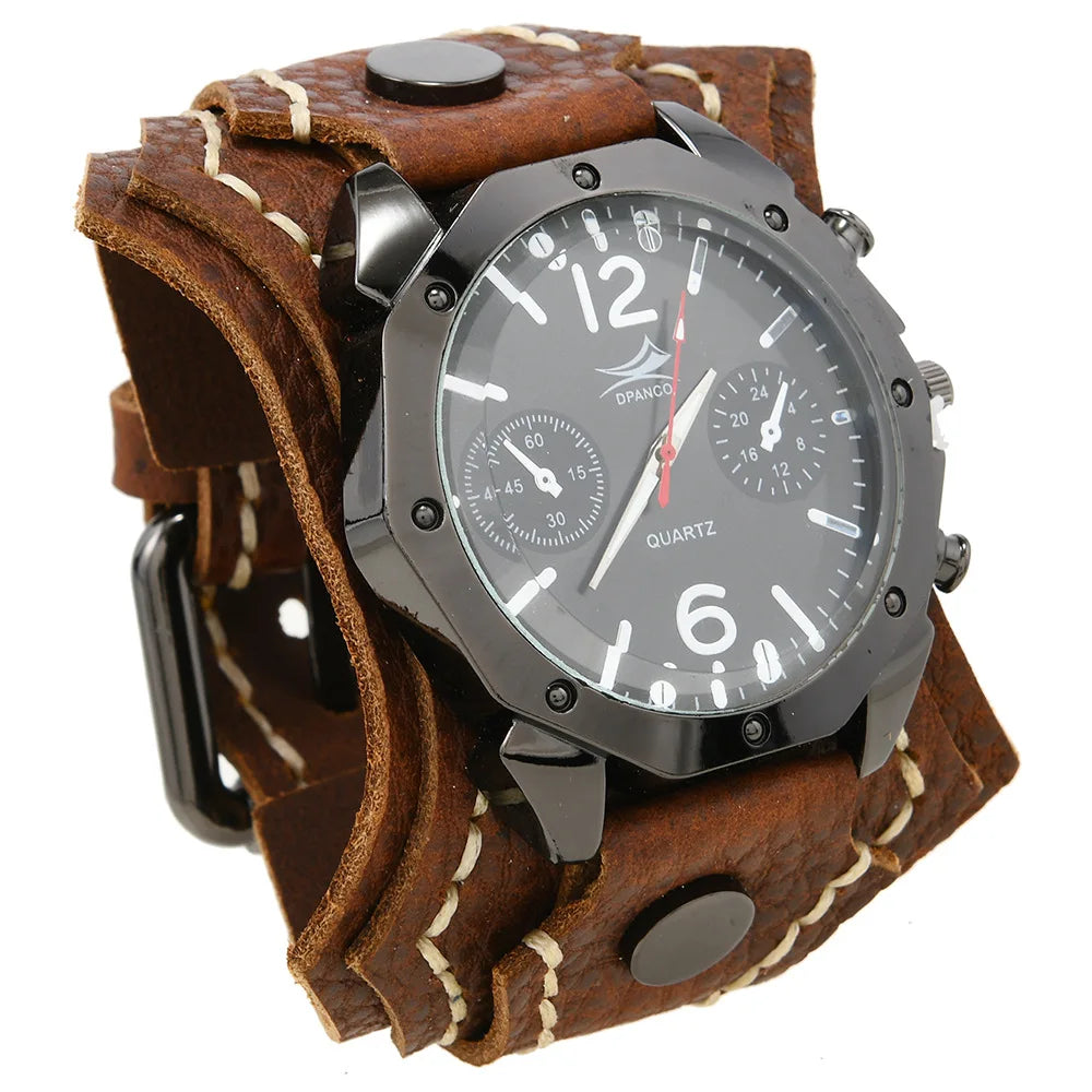 Punk Vintage Men's Multi Layer Hand Stitched Cowhide Leather Strap Large Dial Watch