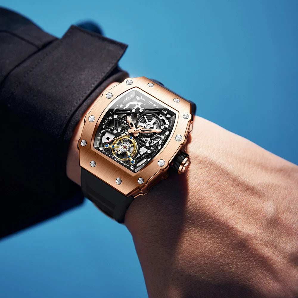 ONOLA 3854 Luxury Automatic Mechanical Silicone Watch Tourbillon Hollow Skeleton Men's Watches reloj automático de hombre