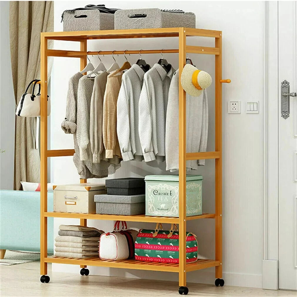 Bamboo Garment Rack with Wheels, Clothing Rack for Hanging Clothes with Hooks, Multi-functional Bedroom Clothes Rack