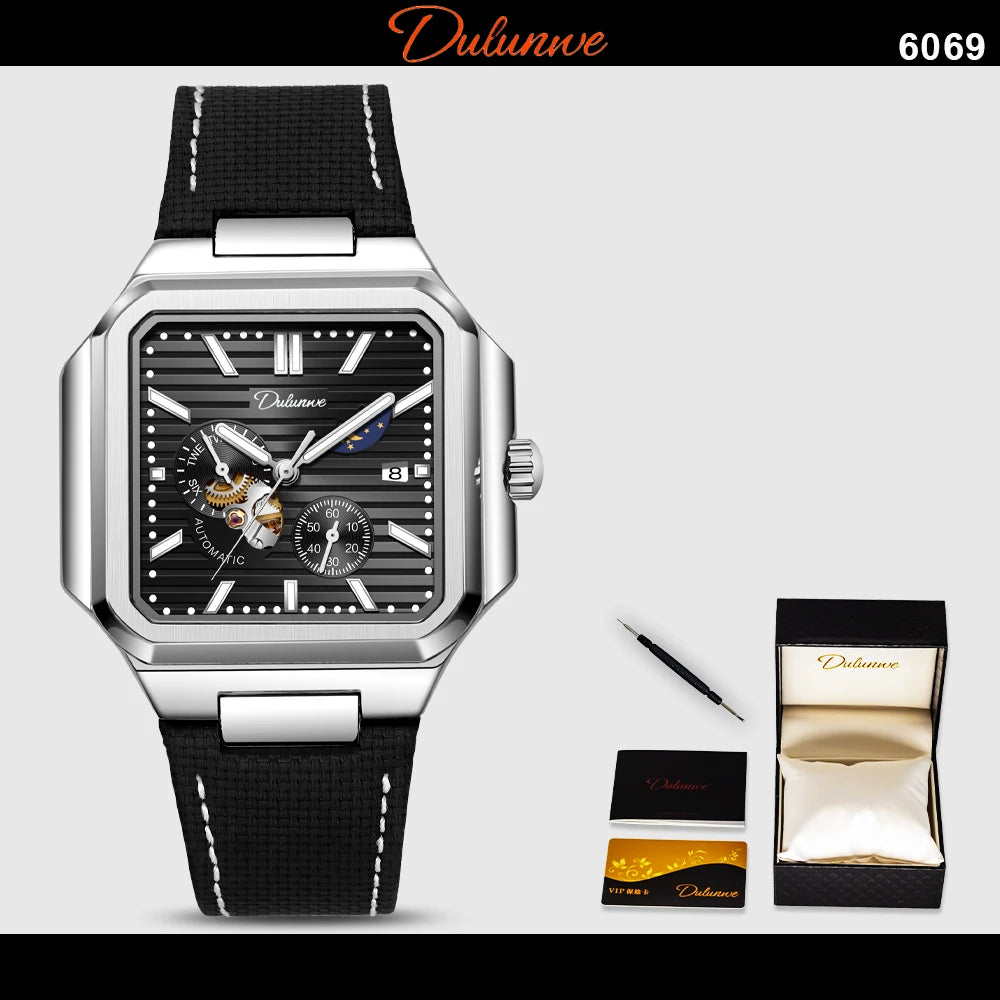 Dulunwe Fashion Men's Watch Automatic Mechanical Multi-function Small Dial Square Design 30M Waterproof Top Brand Wristwatches