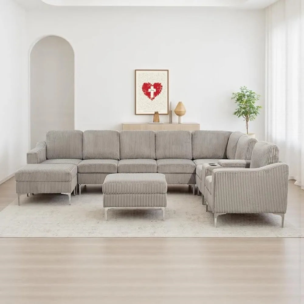 MLG Modular Corduroy Sectional Sofa with Versatile Ottoman,USB Charging, Cupholders for Apartments,Gold Metal Framed Wall Art